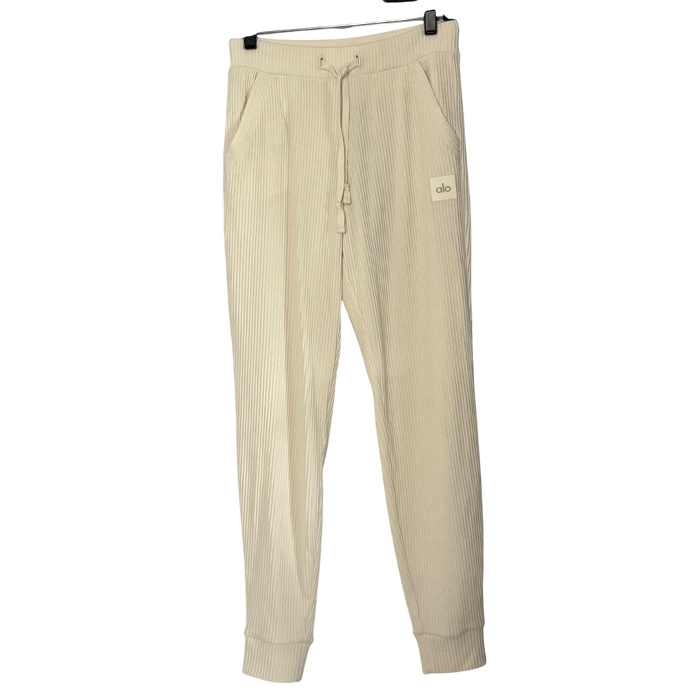 Alo Yoga Muse Ribbed Jogger Sweatpants in Bone Drawstring HIgh Rise - Small - Picture 2 of 6